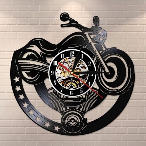 Motorcycle Garage Unique Art Design Vintage Watch Vinyl Record Wall Clock Timepiece Man Cave Workshop Decor Motorbikers Gift