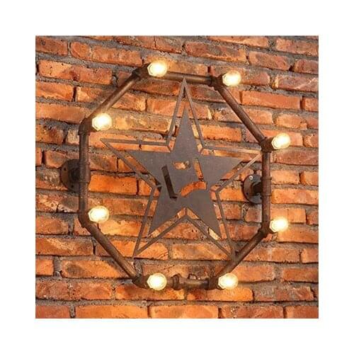 Vintage Retro Industrial Wrought Iron Painted Rust Water Pipe Octagon Star Shape Wall Lamp with Edison Bulb for Bar Cafe Decor