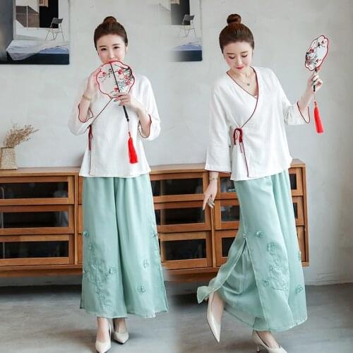 Vintage WomenS Pants 2021 Summer Chinese Style Wide Leg Pants Female Chiffon Embroidery Loose Split Pants Trousers 12390
