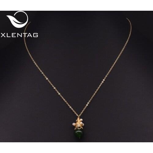 Xlentag Natural Freshwater Pearl Necklace Women Luxury Green Crystal Necklace Chain Birthday Gifts Handmade Jewelry GN0234