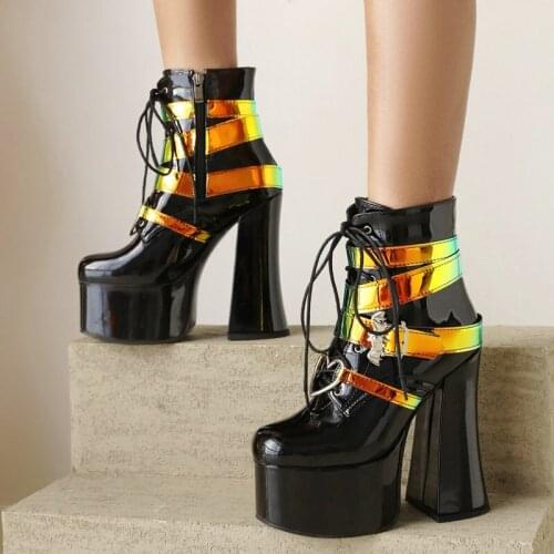 Sexy Patent Leather Mixed Colors Women Ankle Boots Platfrom Square High Heel Motorcycle Boots Autumn Winter Zipper Womans Boots