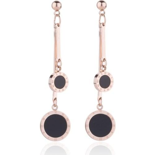 Womens 316L Stainless Steel Long Earrings Titanium Steel Two Round Earrings Roman Numeral Light Luxury Earrings No Fade