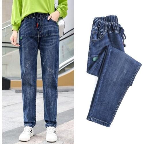 Casual Loose Elastic Waist Blue Black Jeans Women Boyfriend Vintage Denim Pants