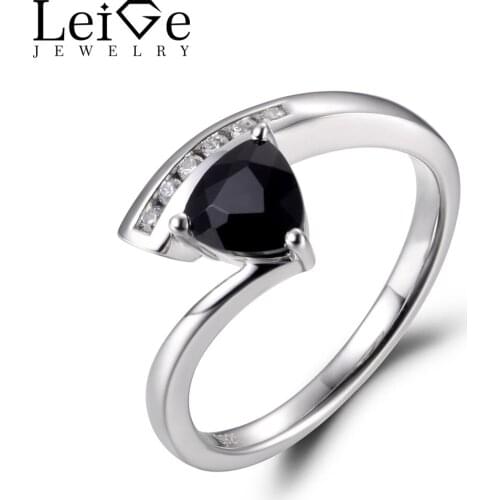LeiGe Jewelry Natural Black Spinel Rings Engagement Rings Trillion Cut Black Gemstone Ring 925 Sterling Silver Vintage Rings
