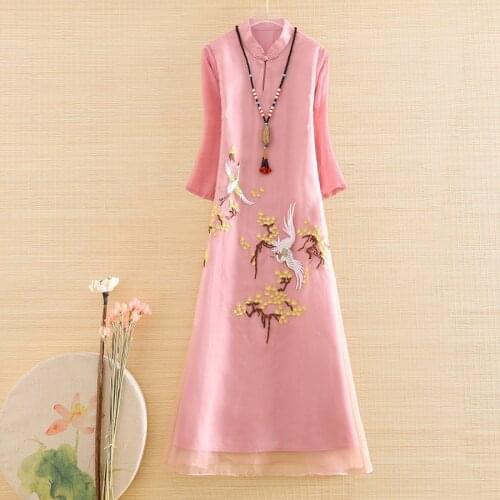 High-end Spring Organza Women Cheongsam Dress Retro Elegant Embroidery Crane 3/4 Sleeve Loose A-line Lady Party Qiapao Dress XXL