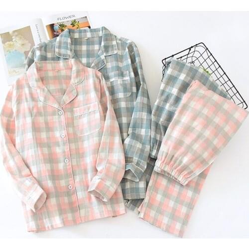 Men Women 100% Cotton Plaid Pajamas Loose Plus Size Loungewear Gauze Home Clothes