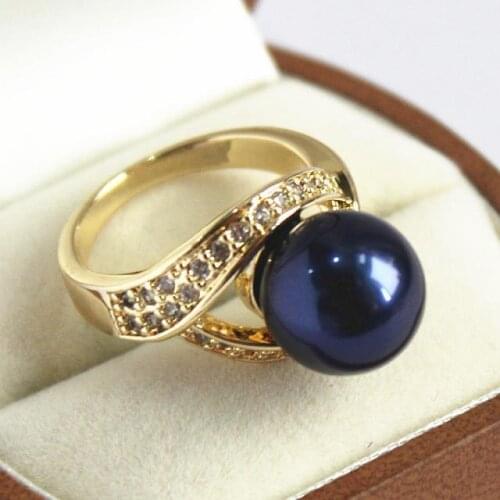 Noble ladys 18KGP with crystal decorated &12mm dark blue shell pearl ring(#7 8 9 10)
