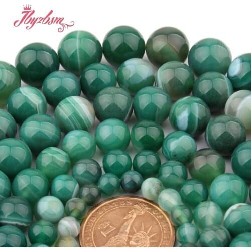 Smooth Round Banded Stripe Green Agates Natural Stone Beads for Women Men DIY Accessorie Necklace Bracelet Jewelry Making 15"