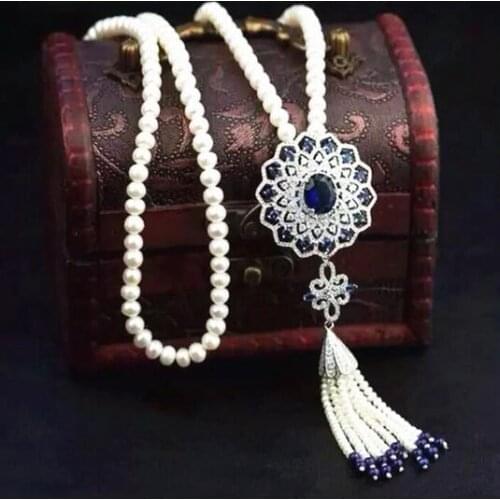 Free shipping Long hair clothing chain sun flower tassel Pearl Blue Jade CZ Necklace Pendant 925 silver