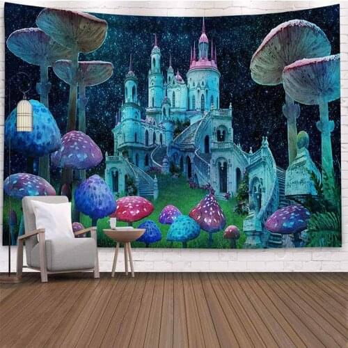 Fantasy Mushroom Castl Tapestry Wall Hanging Celestial Wall Tapestry Hippie Wall Carpets Dorm Decor Trippy Psychedelic Tapestry