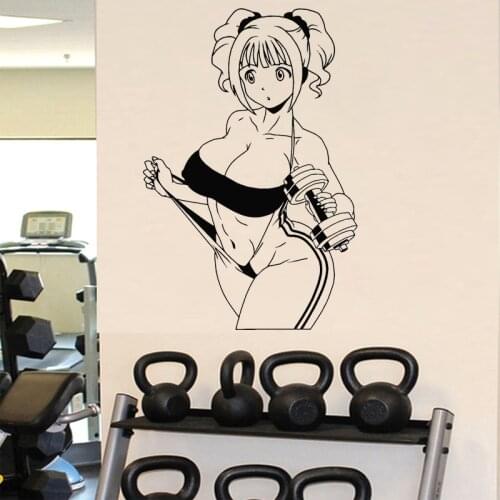 Fitness Club Vinyl Wall Decal Gym Sexy Cartoon Girl Sticker Anime Mural Sports Dumbbells Decor O182