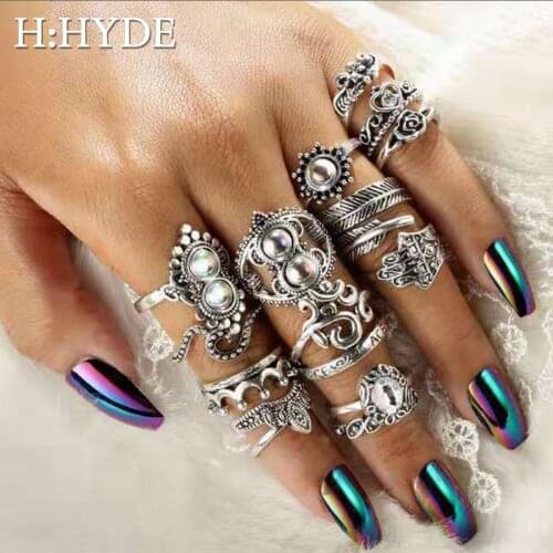 H:HYDE 16 Pcs/set Women Bohemian Vintage Crown Wave Flower Heart Leaf Crystal Stone Joint Ring Party Ring Set