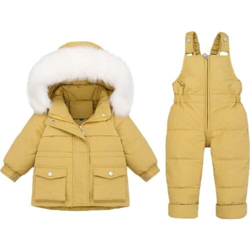 2021 Winter Down Set Childrens Clothing Real Fur Collar Parkas Girl Ski Suit 2Pcs Set Baby Overalls Boy Snowsuit Infant Clothes