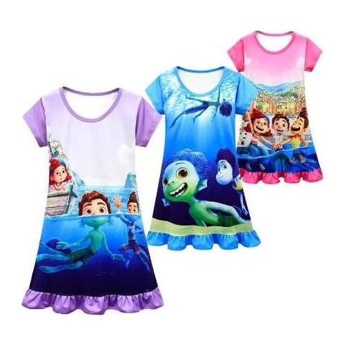 Girls luca Nightgowns Summer Short Sleeve Bicycle Play Pattern Cartoon Nightdress Knitted Pajamas Sleepwear Kids Girl Nightgown