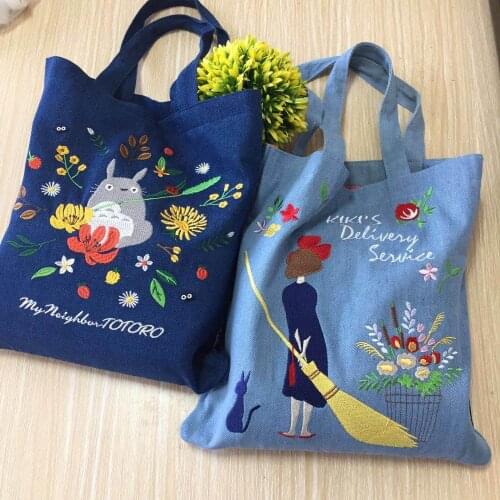 New My Neighbor Totoro Kikis embroidery Shoulder Bag Canvas Blue bag Shopping bag