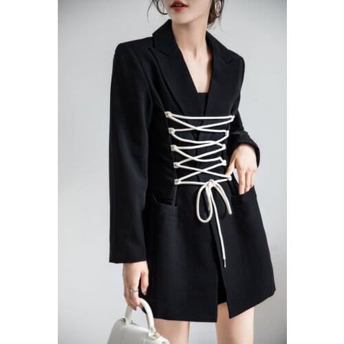 New Suit Jacket Womens Black and White Rope Slim Bandage Suit Jacket Women 2021 Autumn Korean Fashion Coats