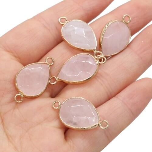 Natural Stone Pendant Water Drop Rose Quartzs Golden Plated Faceted Crystal Connectors for Jewelry Making Necklace Accessories