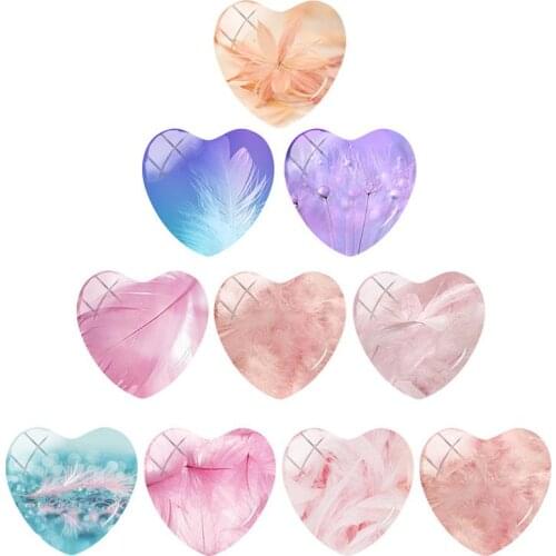 TAFREE 10pcs/lot Heart shaped Colors corrugated feathers Photo 25mm DIY Glass Cabochon Pattern DIY Jewelry Accessories WL751