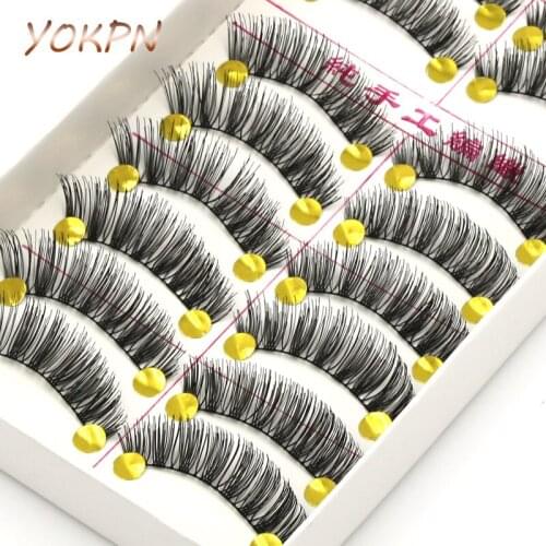 YOKPN Natural Thick Winged Elongated Crisscross False Eyelashes 10 Pairs Pure Handmade Cotton Stalk Fake Eyelashes Makeup Lashes