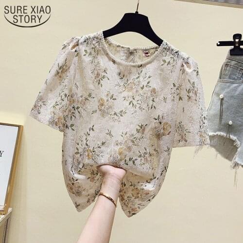 Chiffon Shirt Womens Short Sleeve 2021 New Summer Temperament Loose Korean Style Fashion Floral Sweet Beading Lace Top 14463