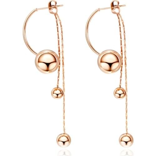 Creative Stainless Steel Smooth Long Bead Tassel Earrings Jewelry Rose Gold Chain & Link Dangle Earrings For Women E17098
