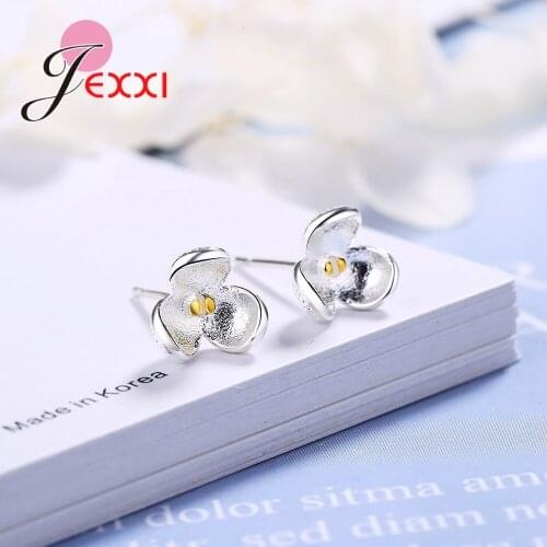1 Newest Genuine 925 Sterling Silver Jewelry 3 leaves Flower Shaped Stud Earrings Lovely Women Part Accessory Nice Gifts