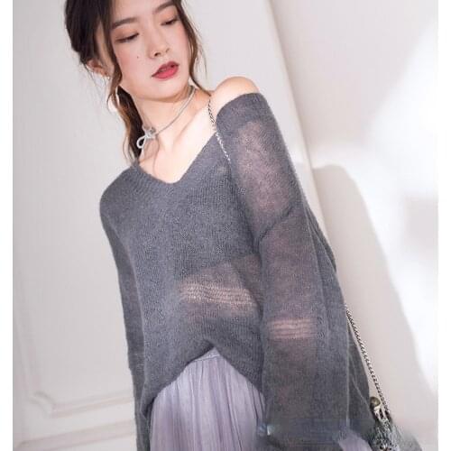 Women Clothes Mohair Sexy V-Neck Hollow Knit Oversized Pullover Sweater Autumn Green Fashion Korean Harajuku Vintage Sweater
