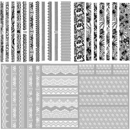 50pcs Black White Lace Grid Flower Sexy Vintage Design Nail Art Adhesive Sticker Decal Decoration for Gel Nail Polish Manicure