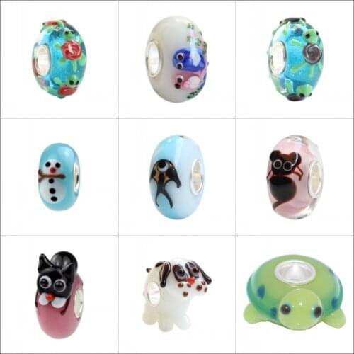 925 Sterling Silver Large Hole 3D Animals Dog Cat Fish Tortoise Murano Glass Charm Beads Fit European Bracelet Jewelry