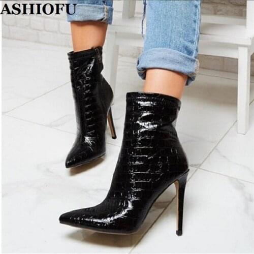 ASHIOFU New Arrival Ladies High Heel Boots Classic Party Prom Dress Ankle Boots Stiletto Heel Large Size Evening Fashion Boots