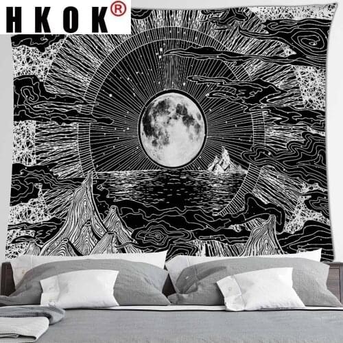 HKOK Sun And Moon Mountain Tapestry Tapestry Wall Hanging Black White Wall Art Hippie Psychedelic Space Wall Carpet Home Decor