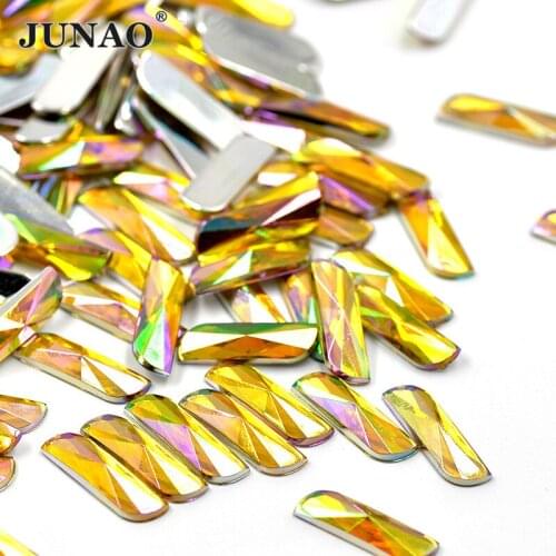 JUNAO 6*20mm Yellow AB Rectangle Shape Crystal Rhinestone Non Hot Fix Acrylic Strass Stones Applique for DIY Handicraft