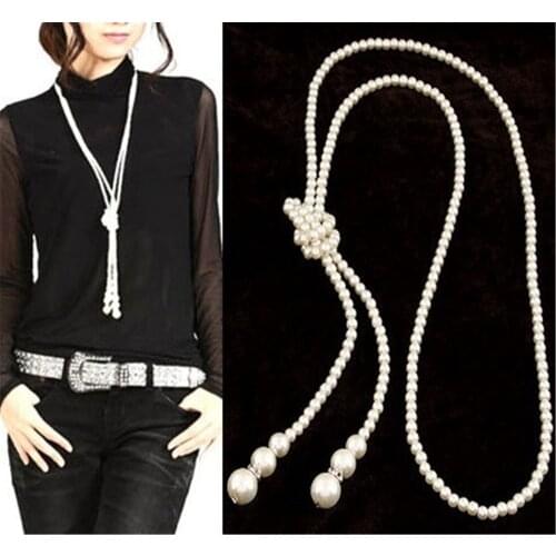 Classic Double Knot Simulated Pearl Tassel Long Necklace Long Knotted Tassel Necklace Female Fashion Sweater Boho Jewelry