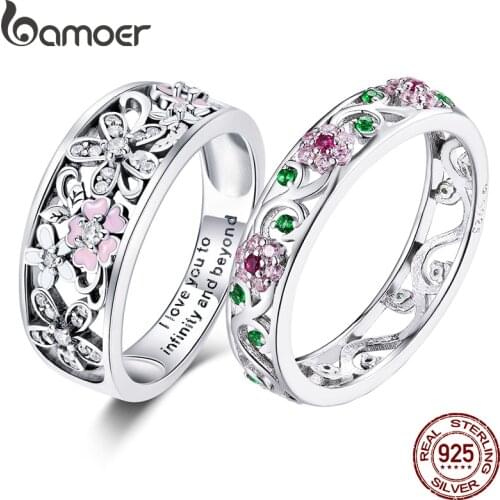 BAMOER 100% 925 Sterling Silver Petals of Love Sweet Clover CZ Finger Rings for Women Engagement Jewelry S925 Gift
