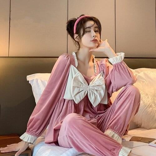Sweet Bowknot Long-sleeved Pullover Square Neck Pajamas Women Autumn And Winter Plus Velvet Loose And Comfortable Pajamas Home