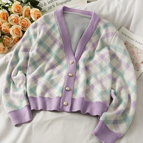 Sweaters Fashion Sweet Slim Autumn Long Sleeve V Neck Plaid Cardigan Crop Pearl Single-breasted Knitted Coat Sueters De Mujer