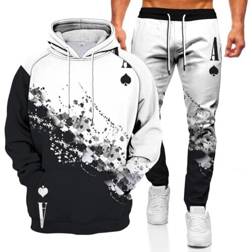 2021 new spring and autumn mens playing cards 3D printing 2-piece sportswear hooded sweater + pants suit casual mens suit