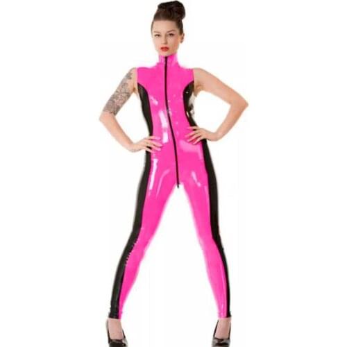 11 Colors Novelty Zipper To Crotch Sexy Jumpsuit Women Patchwork Color Skinny Bodysuit Wet Look Sleeveless Turtleneck Catsuit