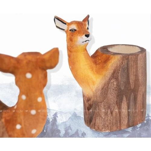 2021 New Hand-made Solid Wood Pen Holder Ornaments Animal Elk Cartoon Art Stationerystudents' Holiday Gifts