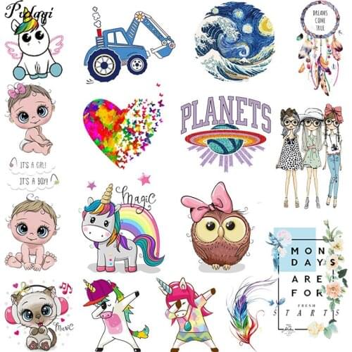 Pulaqi Cartoon Animals Vinyl Stickers Printed Iron On Transfer For Clothes Cute Patch Thermal Heat Transfer Garment Applique DIY