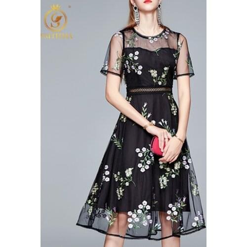 SMTHMA New Fashion Designer Runway Summer Holiday Dress Womens Elegant O-Neck Short Sleeve Mesh Embroidered Flower Party Dress