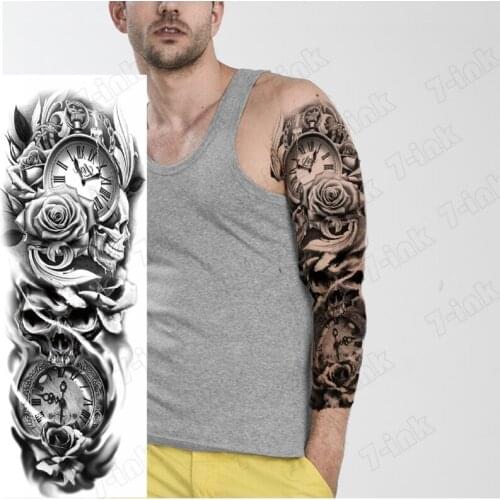 Waterproof Temporary Tattoo Sticker Full Arm Large skull clock rose flower Tatoo Stickers Flash Fake Tattoos for Men Women