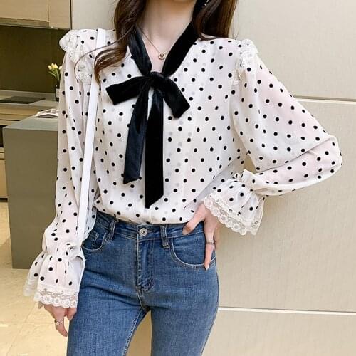 Korean Elegant Lace-up Collar Polka Dot Chiffon Blouse Women Autumn Fashion Flared Sleeves Shirt Office Lady Tops