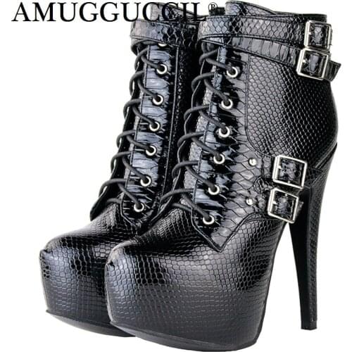 2021 New Plus Big Size 34-52 Black Lace Up Buckle Fashion High Heel Platform Females Girl Lady Autumn Winter Women Boots X1672