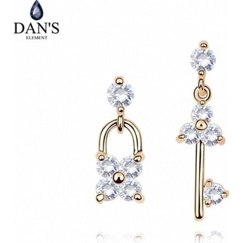 DANS ELEMENT 3 Colors Real Big Brand AAA Zirconia Micro Inlays Lock & Key Stud Earrings for Women 92846white