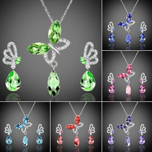 Bluelans Women Cocktail Crystal Butterfly Cubic Zirconia Necklace Stud Earrings Jewelry Set