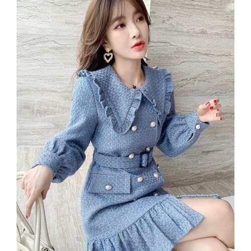 Autumn Winter New Womens Elegant Tweed Dress Double Breasted High Waist Slim Pleated Plaid Mini Dress Female Clothes With Belt