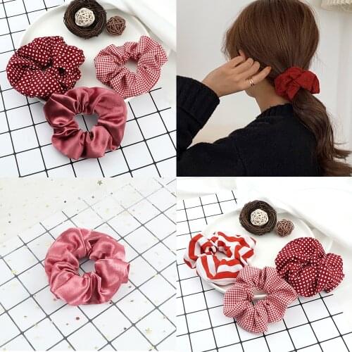 1-3Pcs/Set Hot Girl Lively Red Large Intestine Hair Ring Elegant Scrunchie Sweet Lattice Stripe Tulle Wave Edge Elastic Hairband