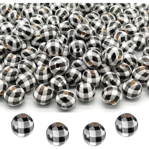 120 Pcs Plaid Wooden Beads, Buffalo Plaid Print Wood Beads Handmade Round Rustic Farmhouse Wood Beads (16Mm)