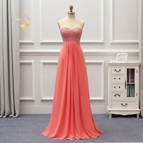 Long Coral Chiffon Formal Evening Dresses Beaded Bride Prom Party Gowns Casamento Abiye Elbise Robe Demoiselle D'honneur EV09